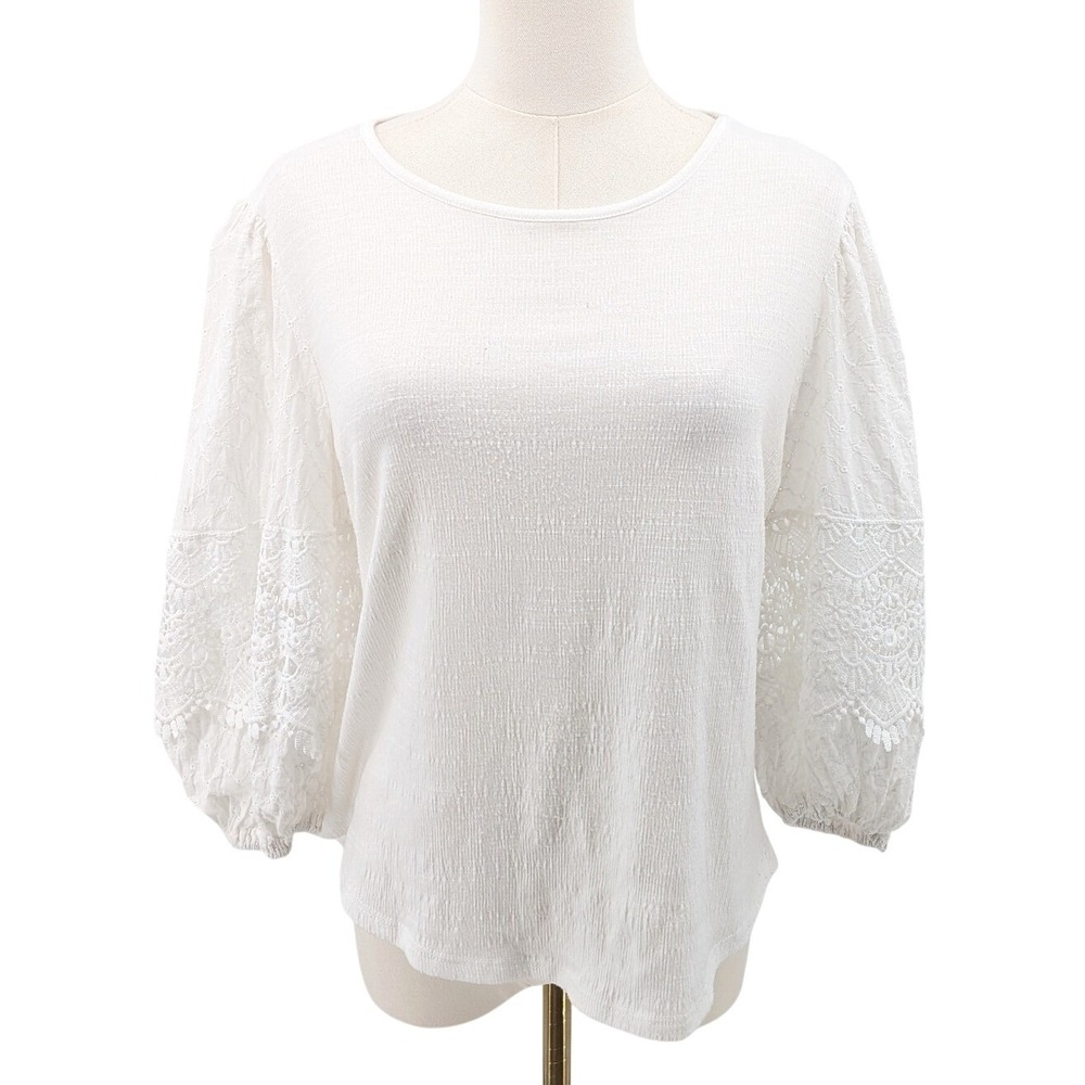 Another Reason‎ Blouse Textured Knit Lace Sleeve Ivory Boho Top Size S